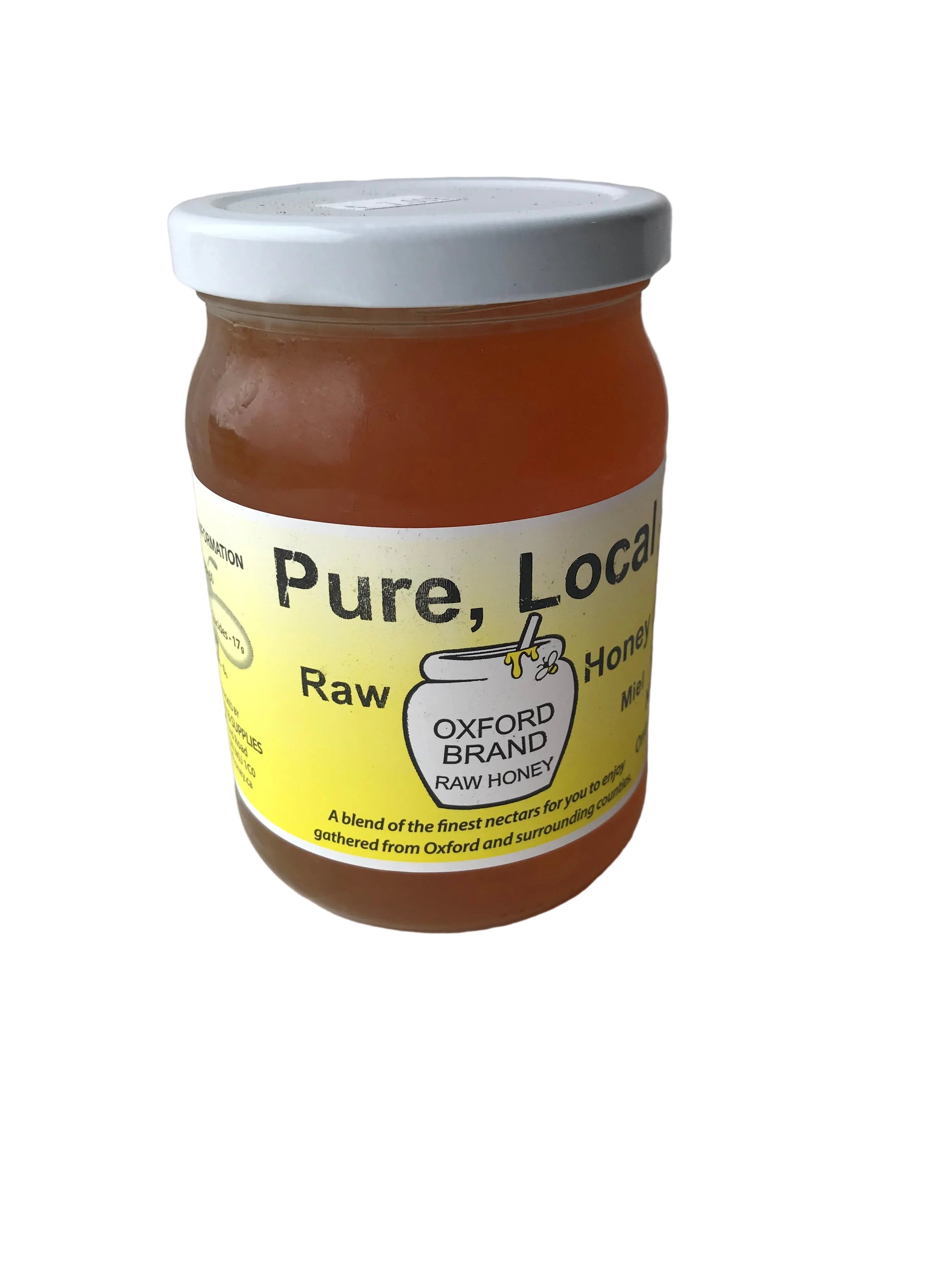Jar of honey with a label on a white background