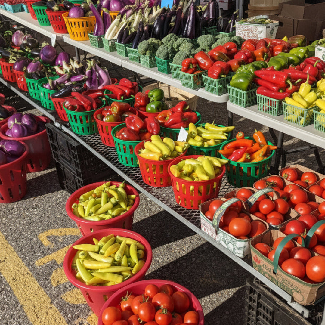 Fresh produce including tomatoes, peppers, eggplants displayed in baskets at   a farmers market