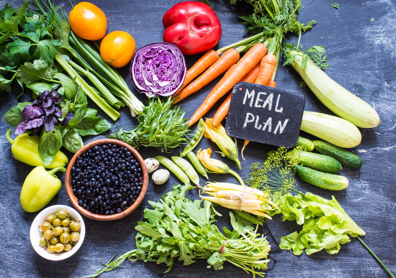 Assorted fresh vegetables on a dark surface with a sign labeled 'Meal Plan'.